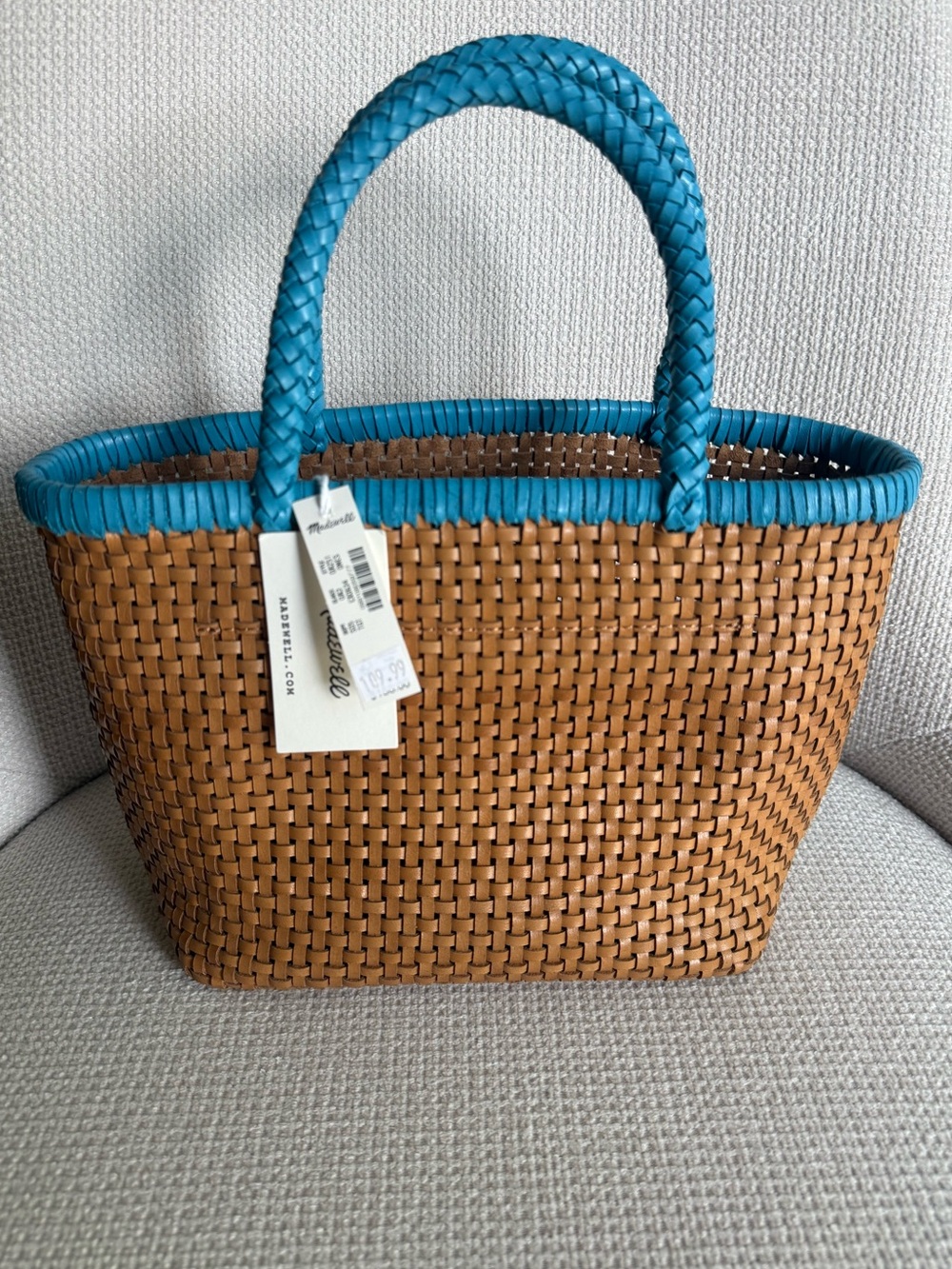 Madewell Signature Woven Mini Tote in Golden Tan with Tropical Blue Trim - Picture 5 of 7